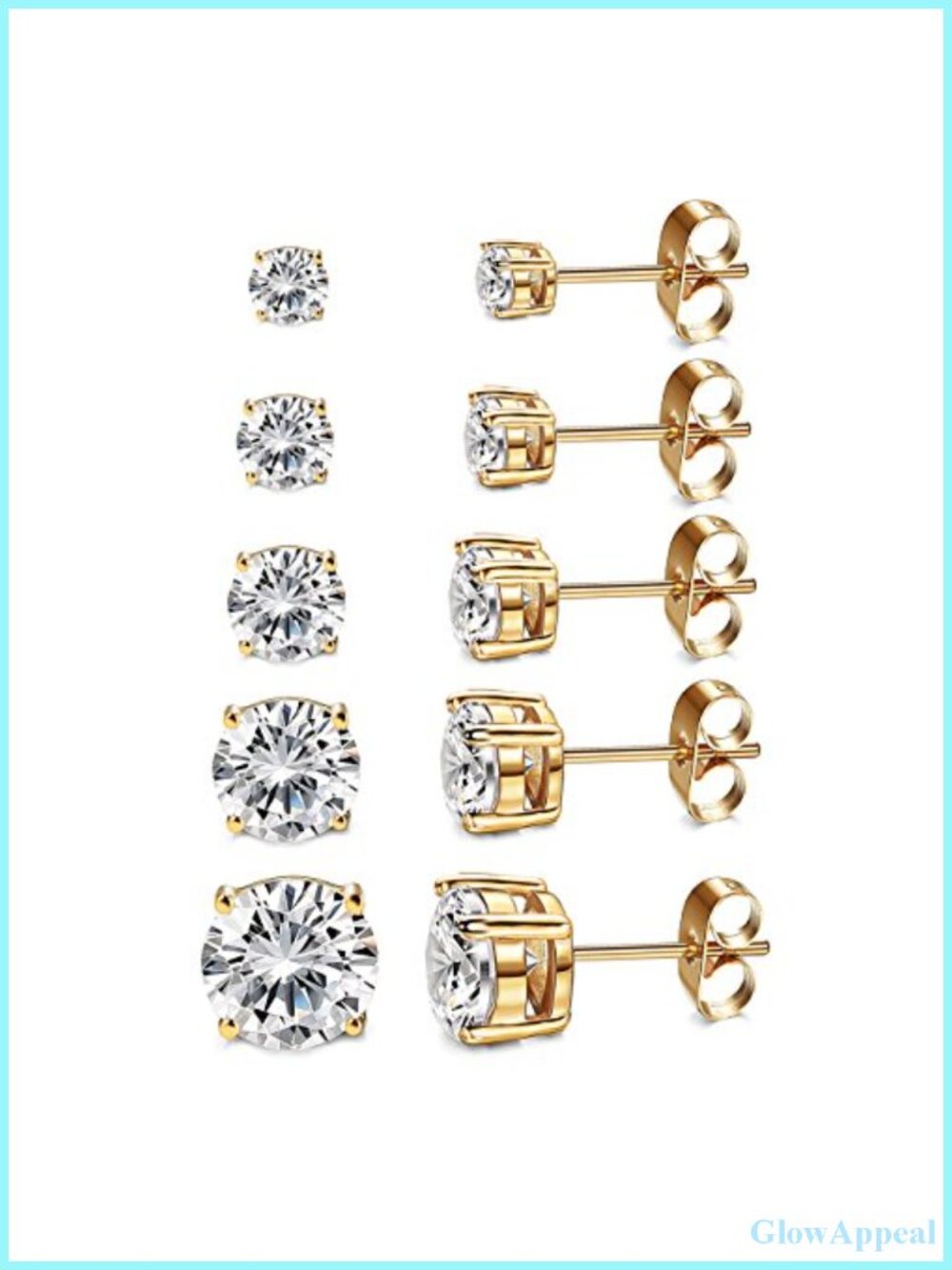 14K Gold Plated CZ Stud Earrings Hypoallergenic 5 Pack